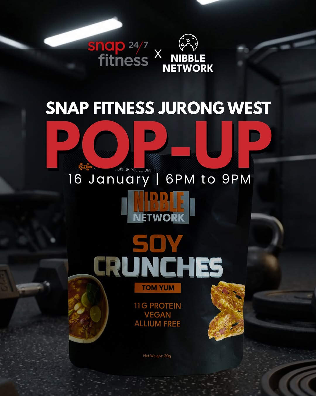 We’ll be @snapfitness_jurongwest on Friday! Come say hi and try our High Protein Soy Crunches ☺️
